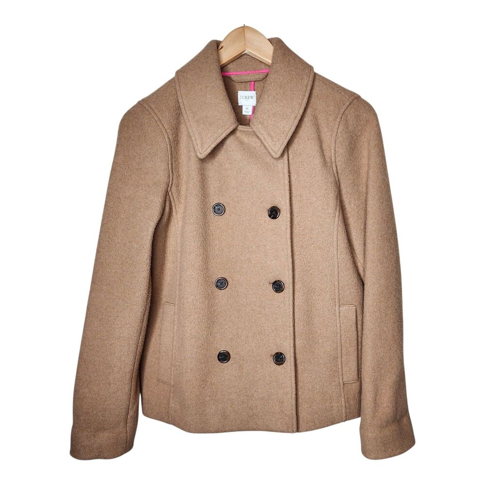 J Crew Pea Coat Womens Size 6 Wool Blend Tan Camel Preppy Office Career